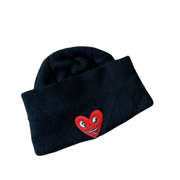 Keith Haring Black Rolled Knit Beanie Hat Embroidered Laughing Heart Unisex - Picture 2 of 10